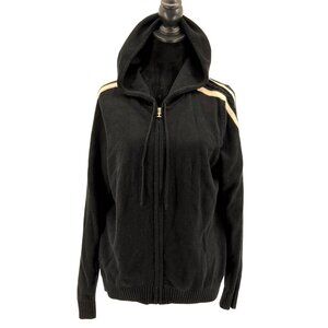 Vtg Izod Zip UP Cardigan Sweater Womens PXL Black Hood Cable Knit Coastal Preppy